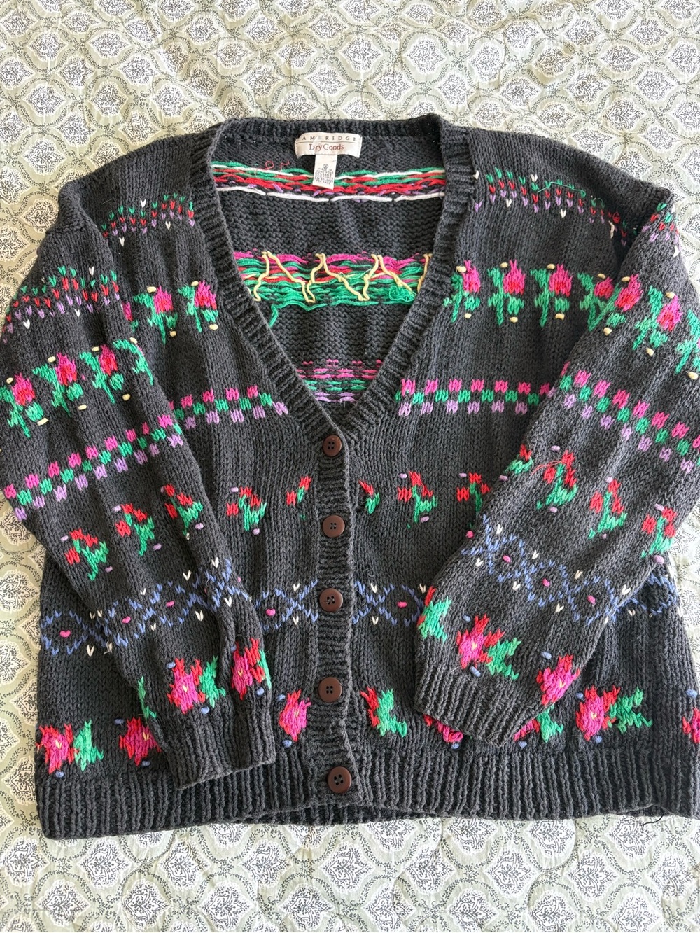 Cambridge Dry Goods Black V-Neck Floral Jacquard Button Cardigan